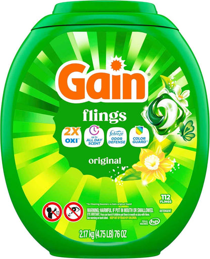 Gain Flings Liquid Washing Detergent Pods, Now with Odor Defense + Color Guard, Original Scent, 4-In-1 Liquid Laundry Detergent Pacs, Clean & Fresh, 112 Count (Packaging May Vary)