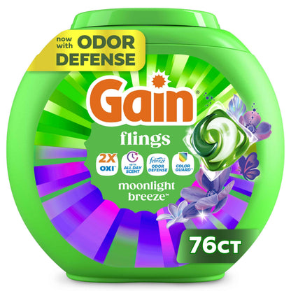 Gain Flings Liquid Washing Detergent Pacs with Odor Defense + Color Guard, Moonlight Breeze Scent, 4-In-1 Liquid Laundry Detergent Pods, Clean & Fresh