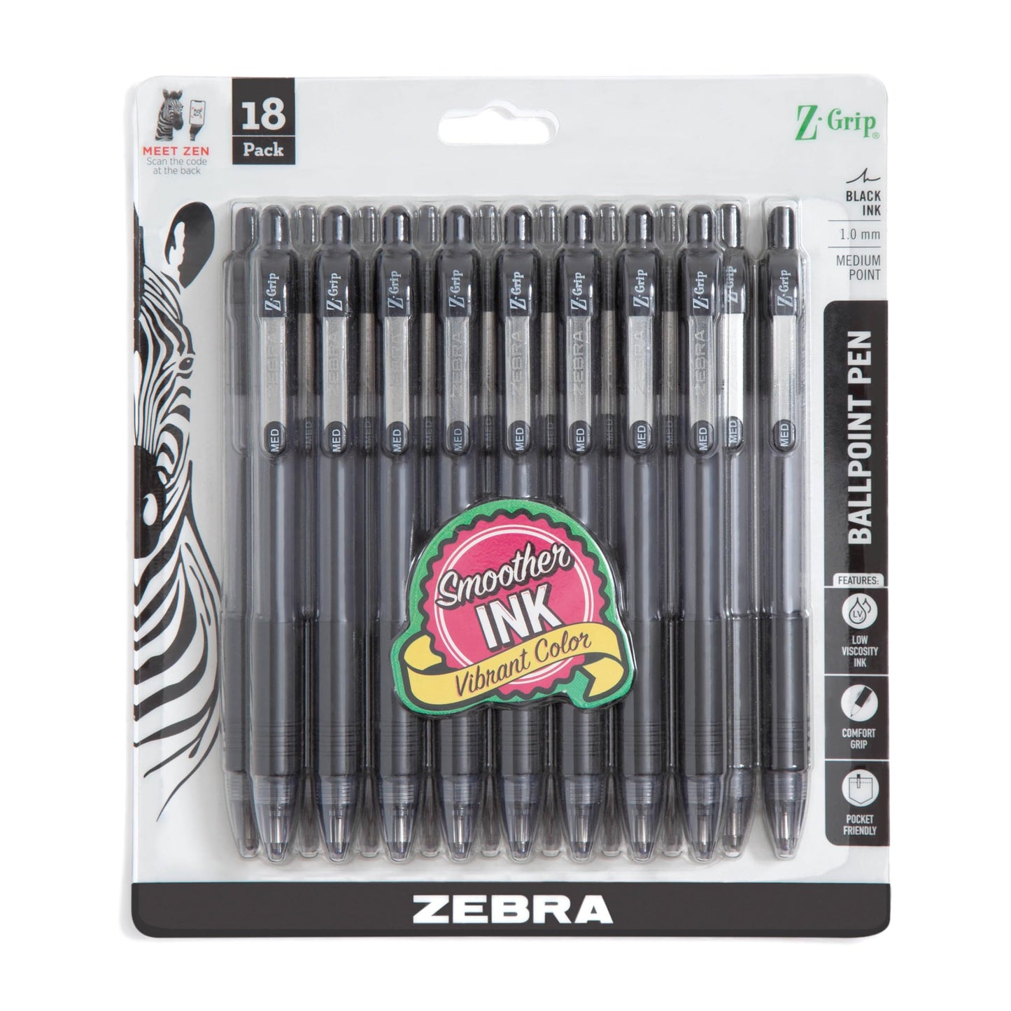 Zebra Pen Z-Grip Retractable Ballpoint Pen, Smooth-Flowing Black Ink, 1.0mm Medium Point, School &amp;amp; Office Supplies, Ideal for Note-Taking, Journal and Planner Use, 18-Pack (22218)