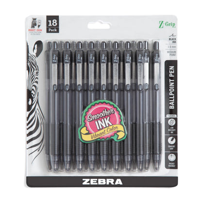 Zebra Pen Z-Grip Retractable Ballpoint Pen, Smooth-Flowing Black Ink, 1.0mm Medium Point, School &amp;amp; Office Supplies, Ideal for Note-Taking, Journal and Planner Use, 18-Pack (22218)