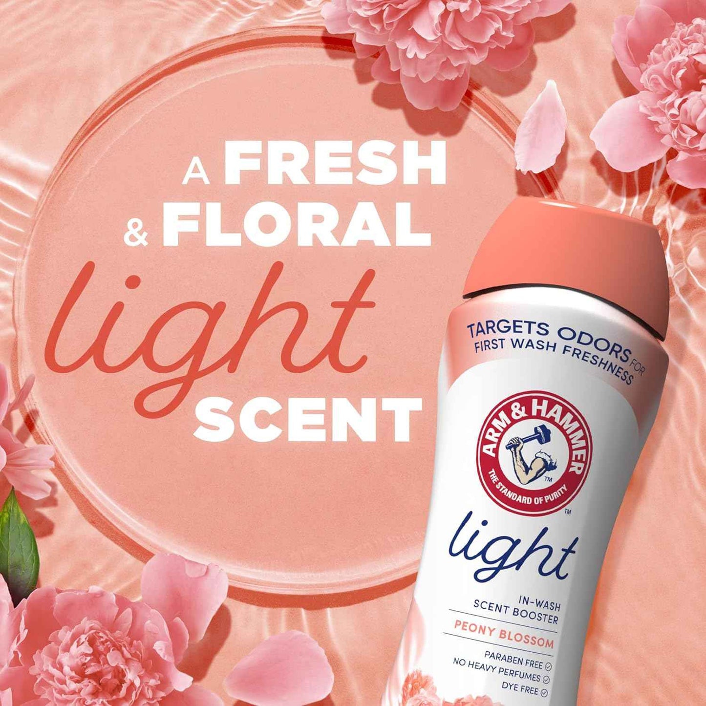 ARM & HAMMER Light In-Wash Scent Booster, No Heavy Perfumes, No Dyes, No Parabens, Peony Blossom Scent, 24 Oz