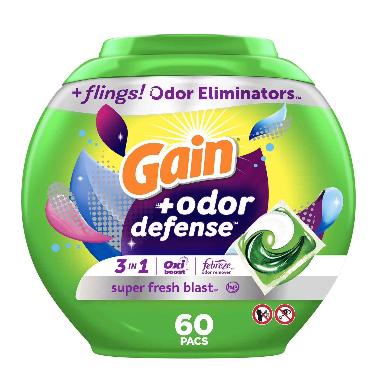 Gain Flings Laundry Detergent Pacs with Odor Defense, Super Fresh Blast Scent, HE 3in1 with Febreze and Oxi