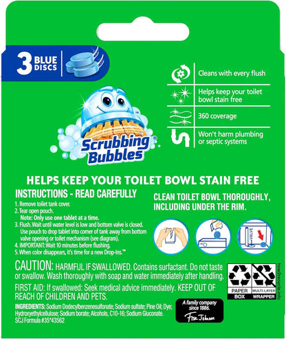 Scrubbing Bubbles Continuous Clean Toilet Drop-Ins, Automatic Blue Toilet Bowl Cleaner, Septic-Safe Tank Tablets Remove Hard Water Minerals & Limescale, Stain & Smell Protection, 3 Count