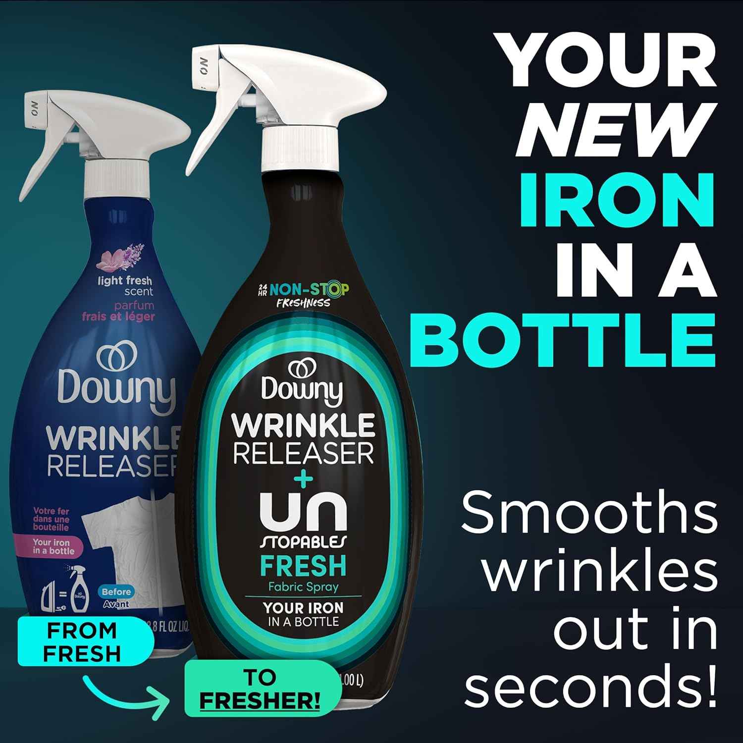 Downy Wrinkle Releaser Spray, All In One Wrinkle Release Spray, Odor Eliminator, Static Remover, Fabric Refresher & Ironing Aid for Clothes, 33.8 Fl Oz, Unstopables Fresh Scent