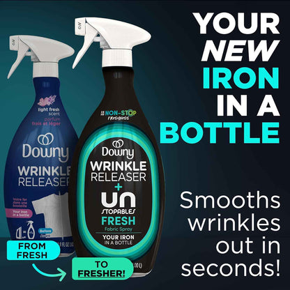 Downy Wrinkle Releaser Spray, All In One Wrinkle Release Spray, Odor Eliminator, Static Remover, Fabric Refresher & Ironing Aid for Clothes, 33.8 Fl Oz, Unstopables Fresh Scent