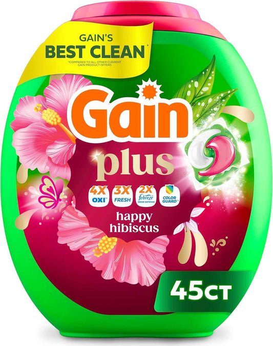 Gain Plus Flings Liquid Washing Detergent Pods, Gain's Best Clean, All-In-One, Happy Hibiscus Scent Laundry Pacs