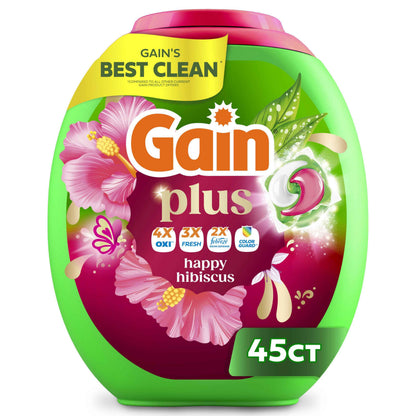 Gain Plus Flings Liquid Washing Detergent Pods, Gain's Best Clean, All-In-One, Happy Hibiscus Scent Laundry Pacs
