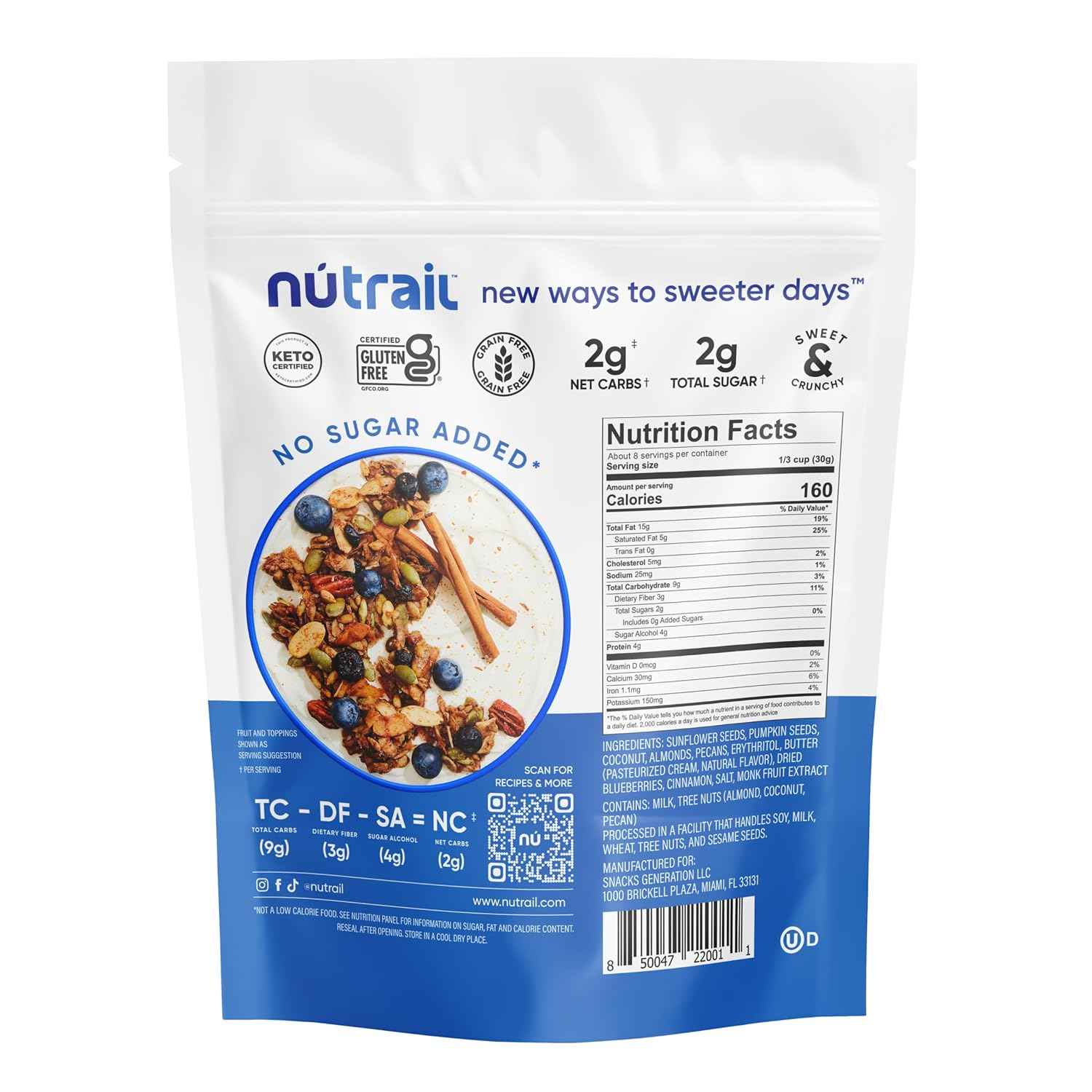 NuTrail Nut Granola Cereal, Blueberry Cinnamon, No Sugar Added, Gluten Free, Grain Free, Keto, Low Carb, Healthy Breakfast Cereal 8 oz.