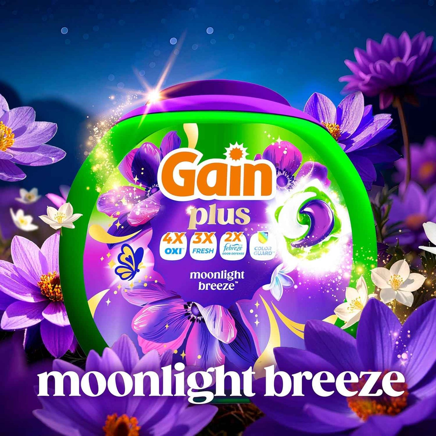 Gain Plus Flings Liquid Laundry Detergent Pods, Gain's Best Clean, All-In-One Pacs, Moonlight Breeze Scent, 45 Count