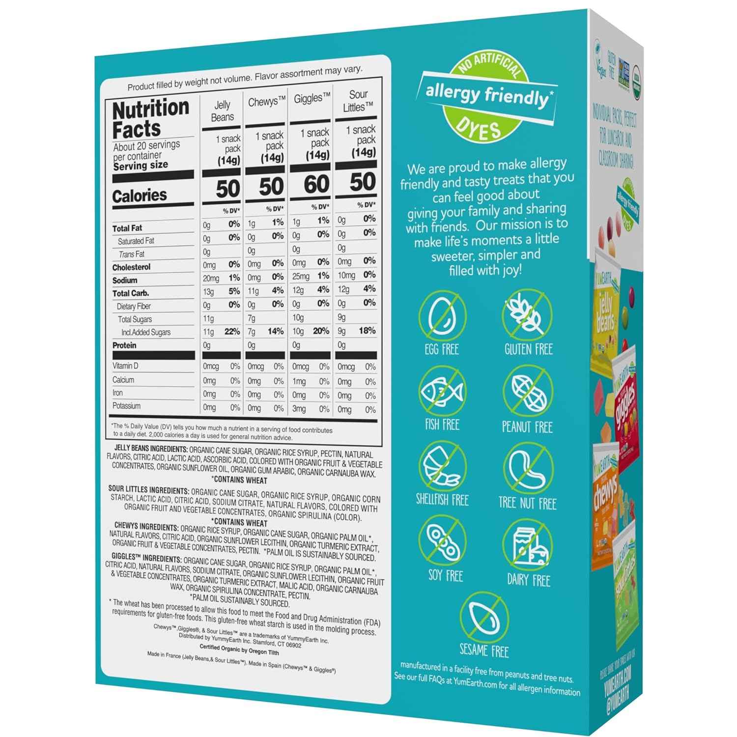 YumEarth Organic Variety Box - Jelly Beans, Giggles, Chewys, Sour Littles - Allergy Friendly (Top 9 Free), No Artificial Dyes, Non GMO, Gluten Free, Vegan -Individually Wrapped (Pack of 20)