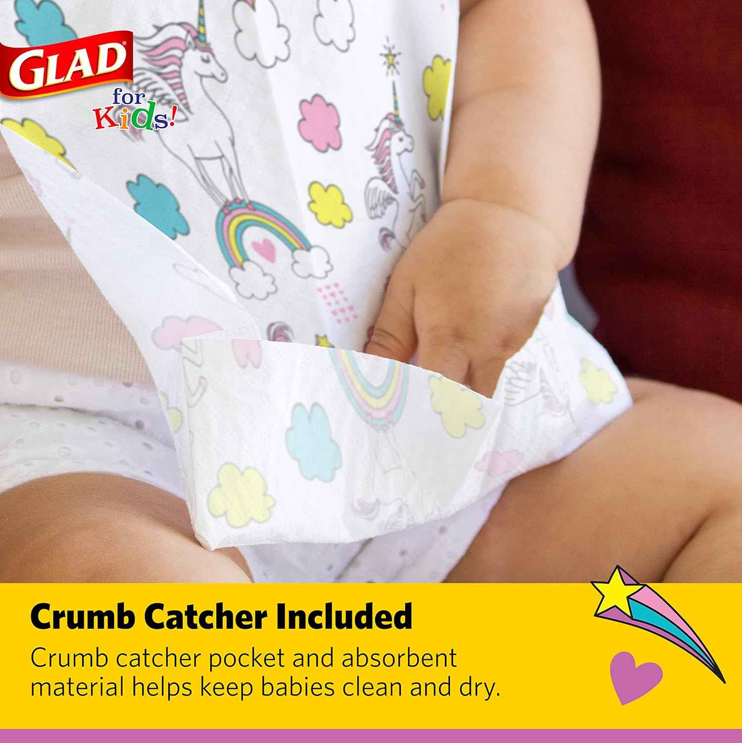 Glad for Kids Disposable Paper Bibs with Crumb Catcher, Absorbent Leakproof Bibs for Toddlers and Babies, Mess Free Feeding, Crafts, Parties, and Travel Use