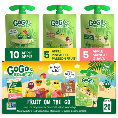 GoGo squeeZ Applesauce and Fruit Puree Variety Pack, Apple, Mango Guava &amp;amp; Pineapple Passionfruit, 3.2 oz (Pack of 20), Unsweetened Fruit Snacks for Kids, No Gluten, Nut &amp;amp; Dairy, BPA Free Pouches