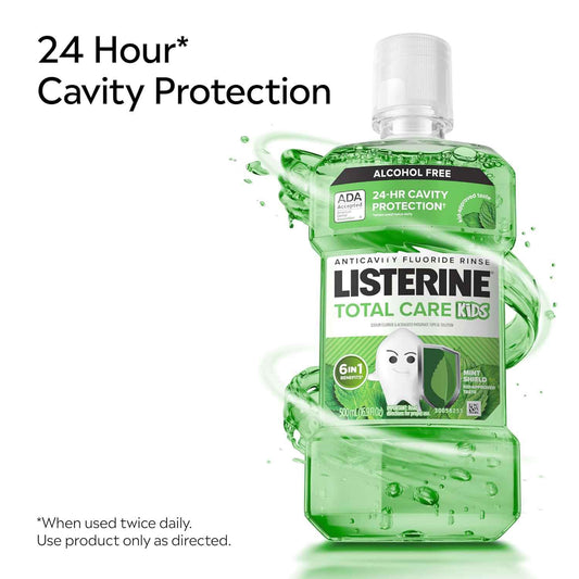 Listerine Total Care Kids Mouthwash, ADA Accepted, Alcohol-Free Anticavity Fluoride Mouthwash, Oral Rinse for Cavity Protection and Fresh Breath, Mint Shield Flavor, Twin Pack, 2 x 500 mL