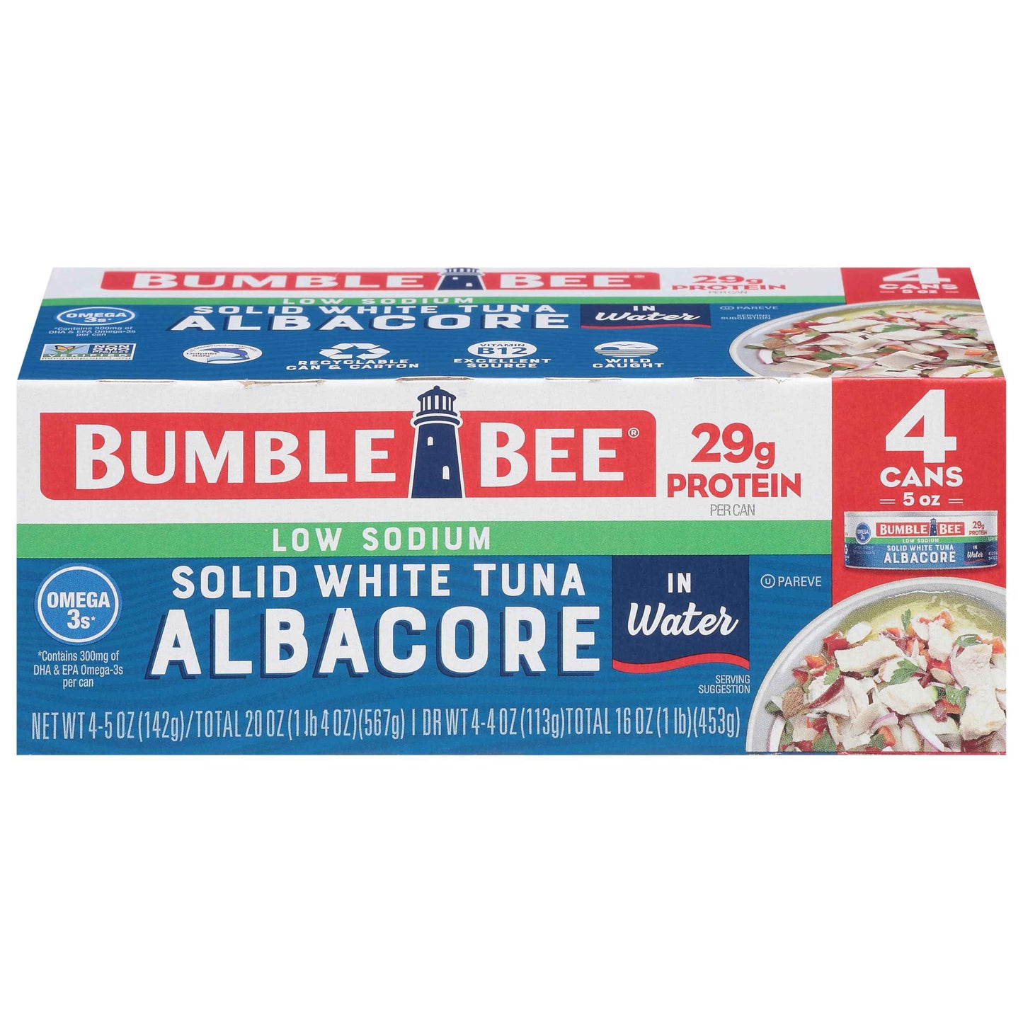 Bumble Bee Solid White Albacore Tuna, Can - Wild Caught Tuna - 29g Protein per Serving, High in Omega-3s - Non-GMO Project Verified, Gluten Free, Kosher