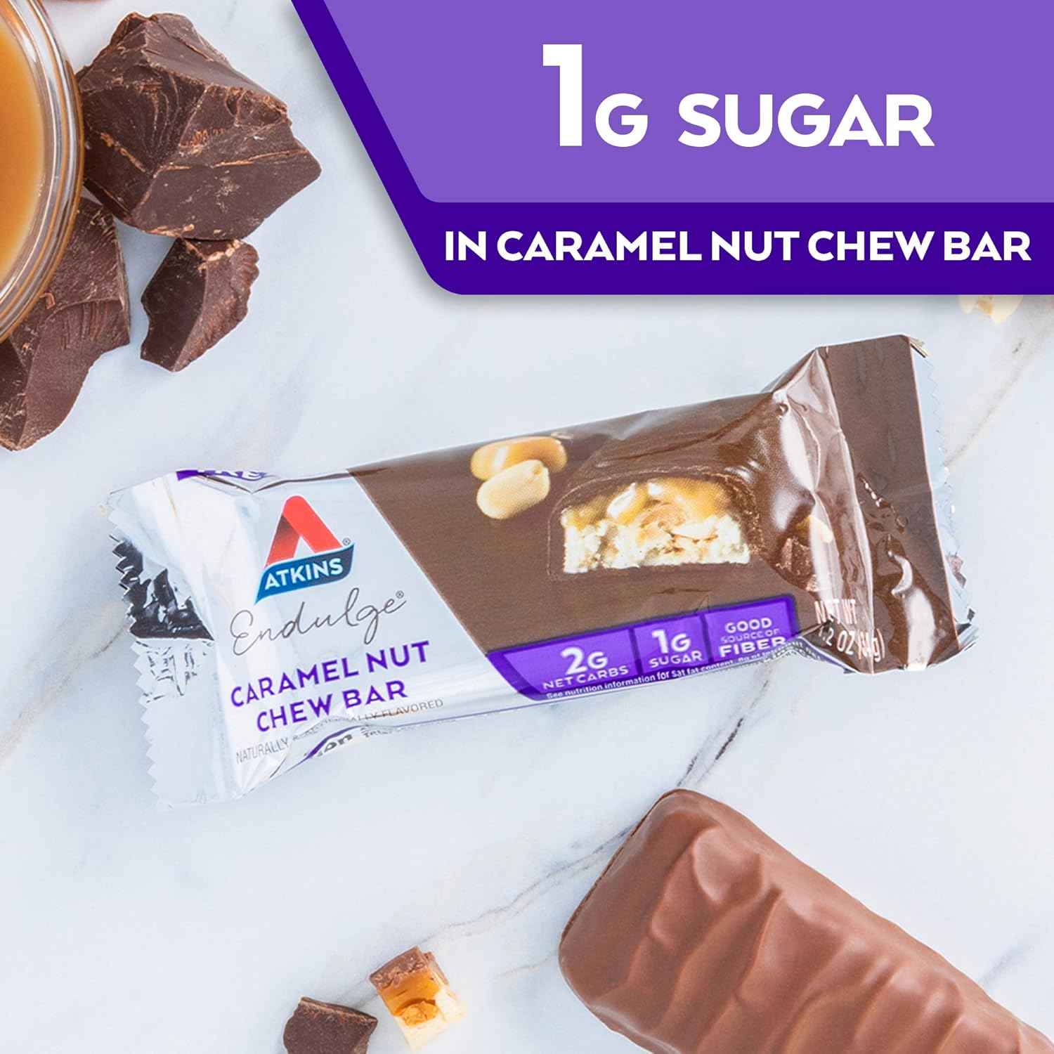 Atkins Endulge Caramel Nut Chew Bar, Low Sugar Snack, Dessert Bar, High Fiber Bar 1g Sugar, 10 Count