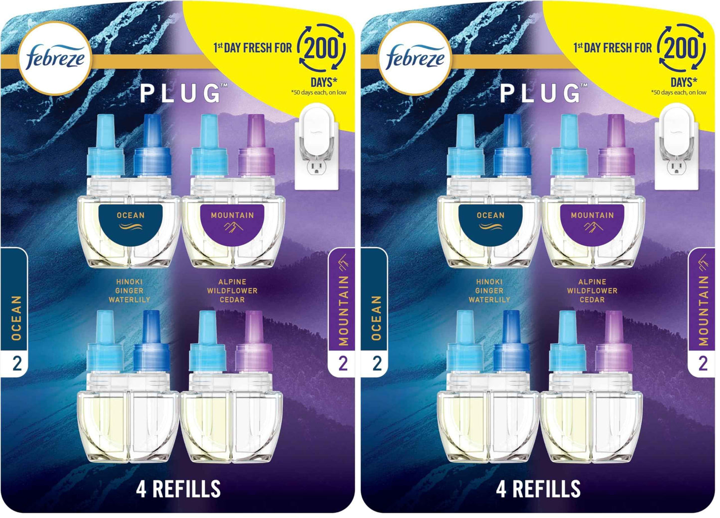 Febreze Plug In Air Freshener, Odor-Fighting Scented Oil Refill, Air Fresheners for Home and Bathroom and Kitchen, Long Lasting for Strong Odors, Ocean & Mountain Scents, 0.87oz Refills, 4 Count