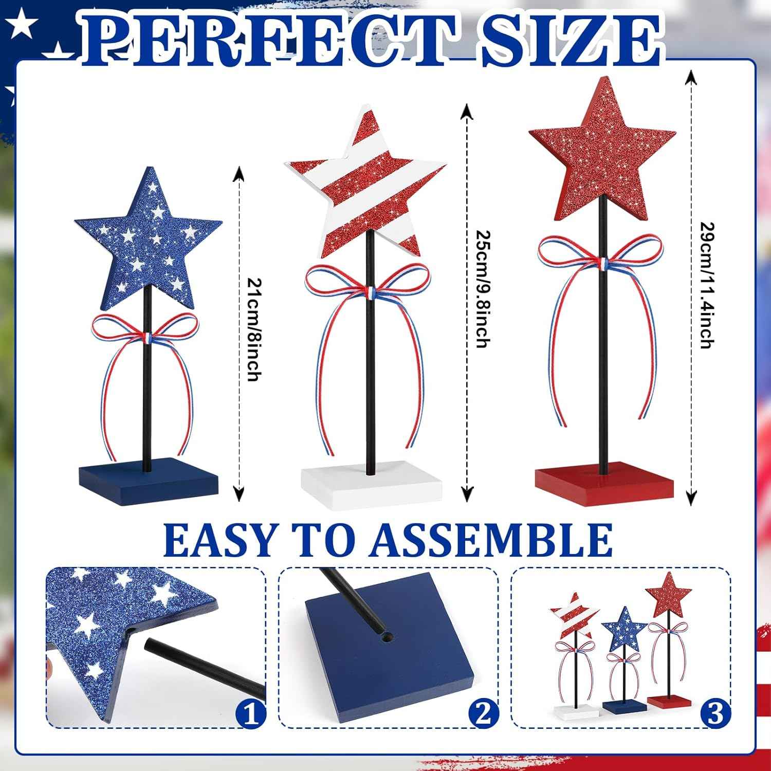 4th of July Tiered Tray Decor Wooden Star Set, 3 Pcs Memorial Day Table Decorations, Rustic Patriotic Tabletop Home Decor, Red White and Blue Decorations for Home