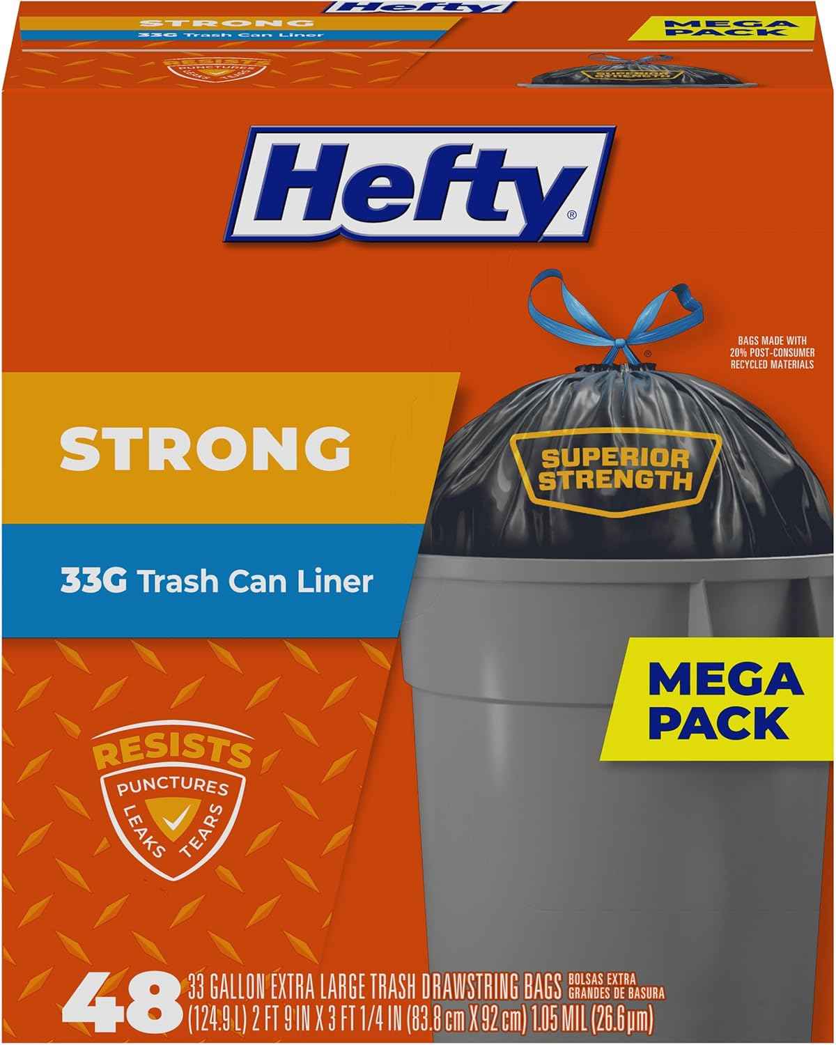 Hefty Strong Extra Large Trash Bags, Black, 33 Gallon