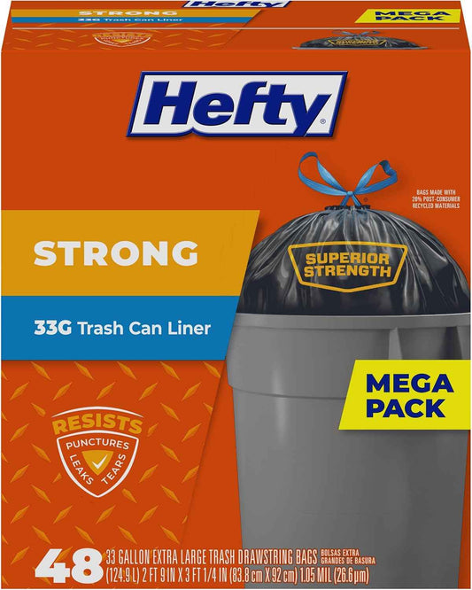 Hefty Strong Extra Large Trash Bags, Black, 33 Gallon