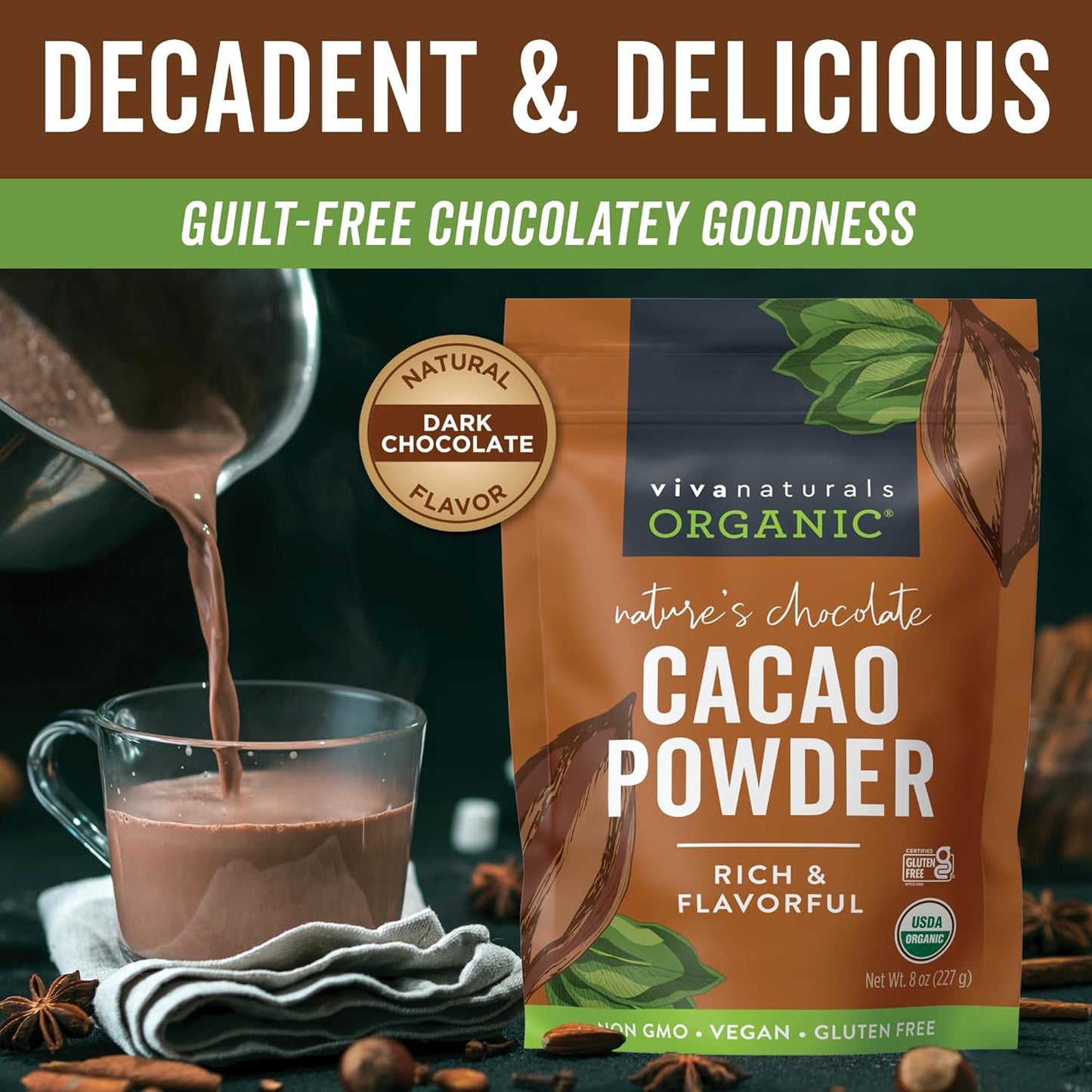 Organic Cacao Powder, Unsweetened, 8 oz (227 g) – Rich Dark Chocolate Flavor, Perfect for Baking, Smoothies & Hot Chocolate – Vegan, Keto, Paleo, Non-GMO & Gluten-Free Cocoa Powder
