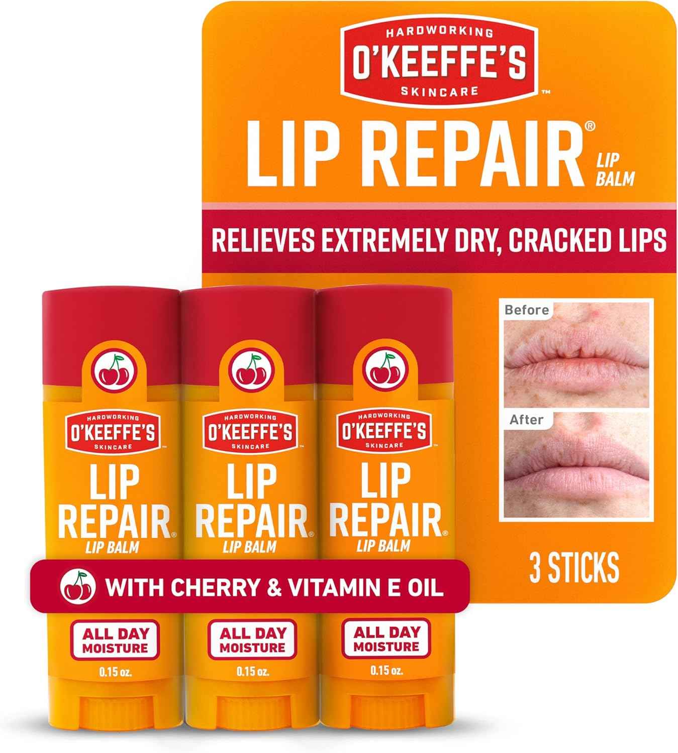 O'Keeffe's Lip Repair Lip Balm with Cherry & Vitamin E Oil - Stick - Moisturizer for Extremely Cracked, Dry Lips