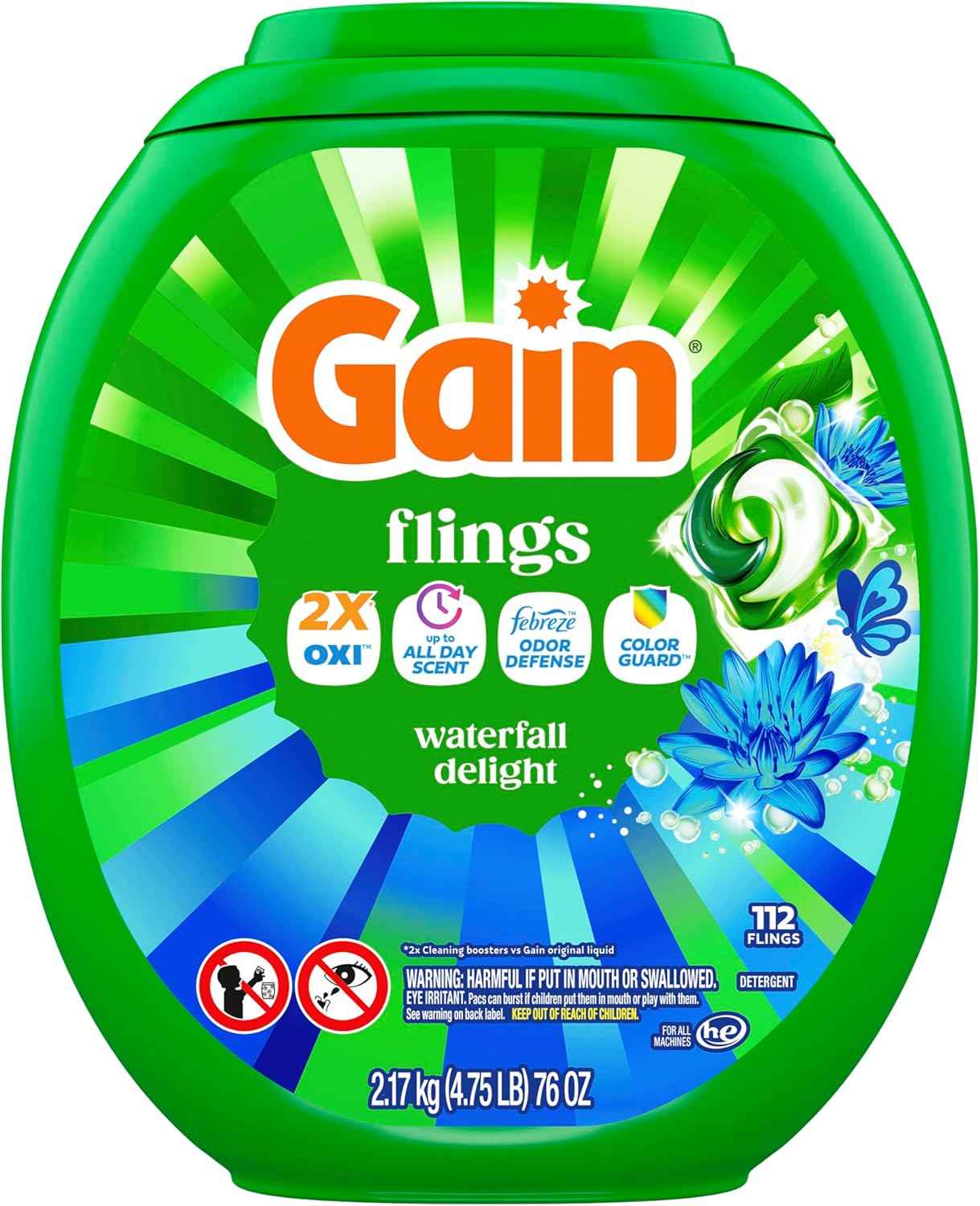 Gain Flings Liquid Washing Detergent Pacs, Now with Odor Defense + Color Guard, Waterfall Delight Scent, 4-In-1 Liquid Laundry Detergent Pods, Clean & Fresh