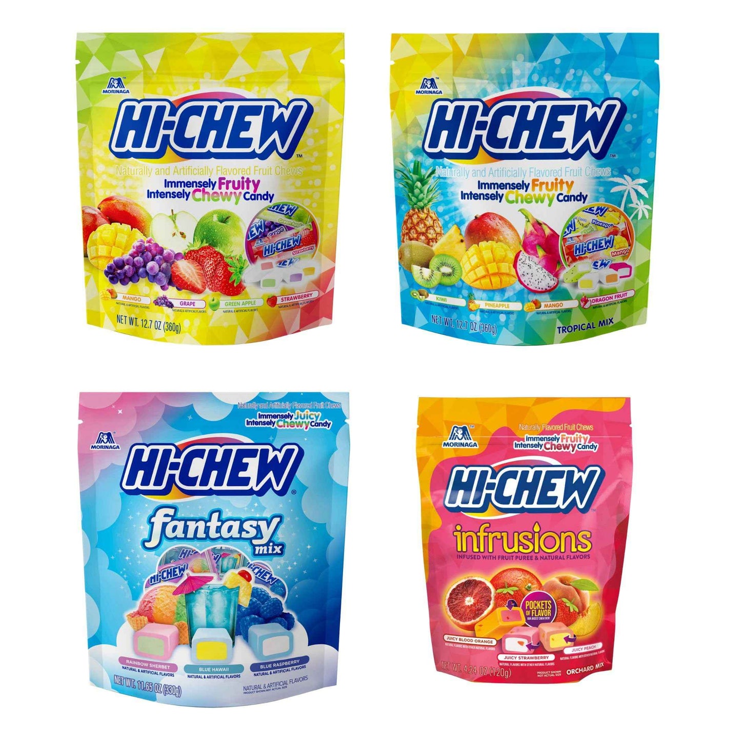 HI-CHEW Assorted, Green Apple Strawberry Mango Grape, Soft & Chewy Candy 2lb - 185+ Pieces Individually Wrapped - Made with Immensely Juicy Fruity Flavors