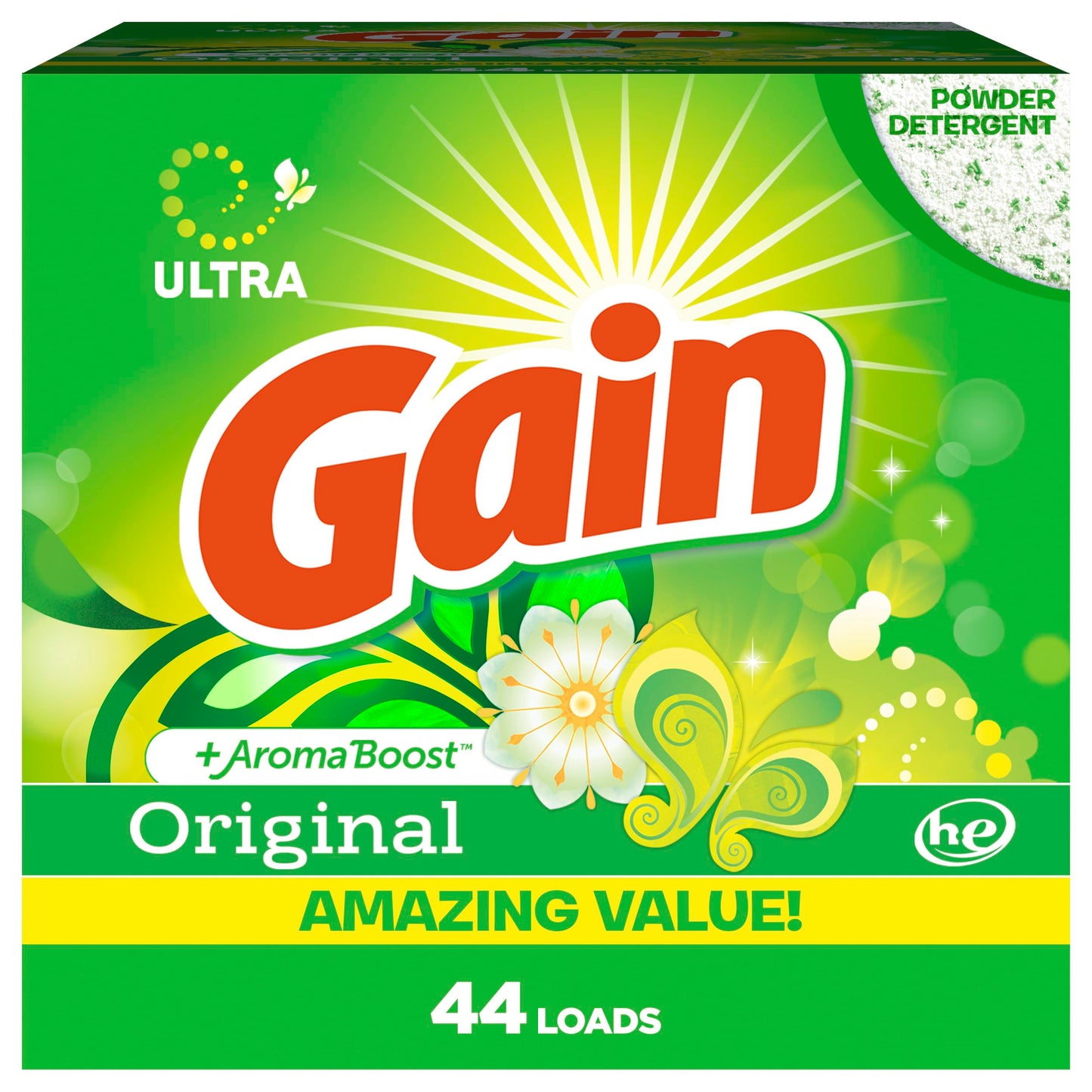 Gain Powder Laundry Detergent for Regular and HE Washers, Original Scent, 45 ounces, 44 loads