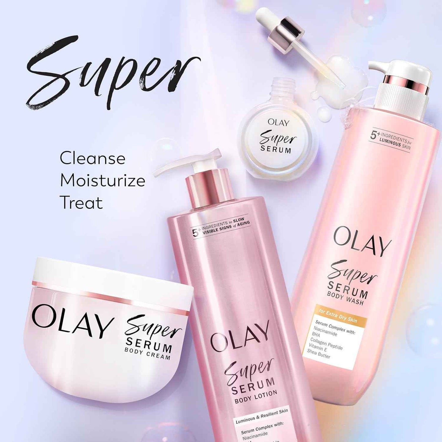 Olay Super Serum Body Wash, 24hr Long Lasting Rich Hydration, 5+ Ingredient Complex for Bright, Even, Firm, & Luminous Skin, with Collagen Peptide, Vitamin C & Shea Butter