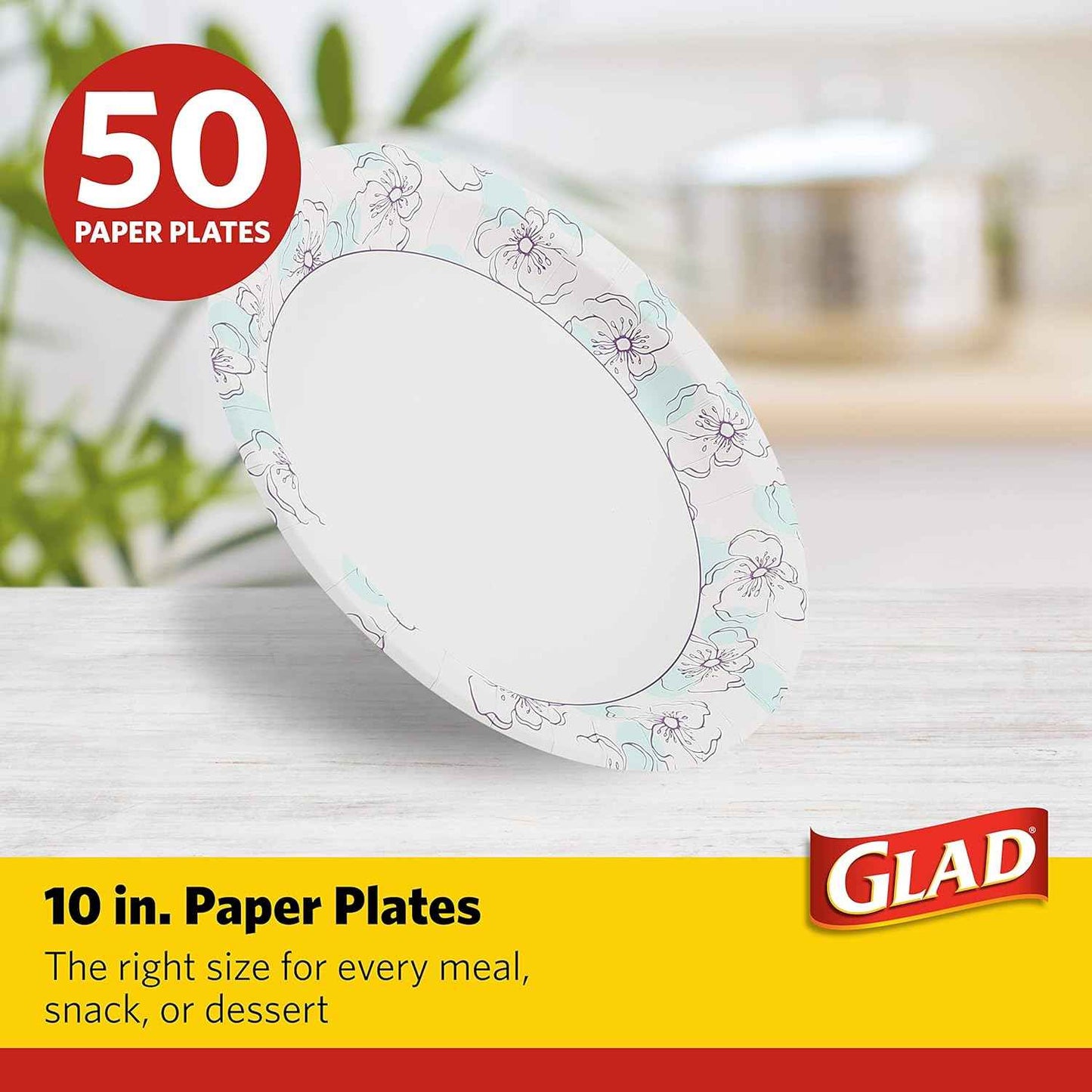 Glad Round Disposable Paper Plates, Heavy Duty Soak Proof Cut Resistant Microwave Safe Plates for Meals, Parties, Picnics, and Events