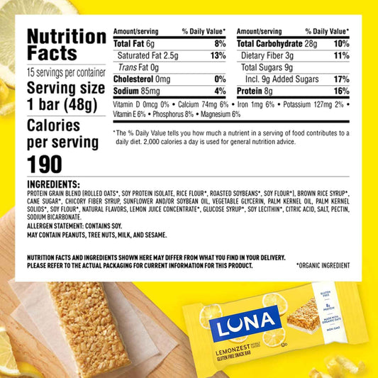 LUNA Bar - LemonZest Flavor - Gluten Free Snack Bars - Non-GMO - Protein Bars - Made with Organic Oats