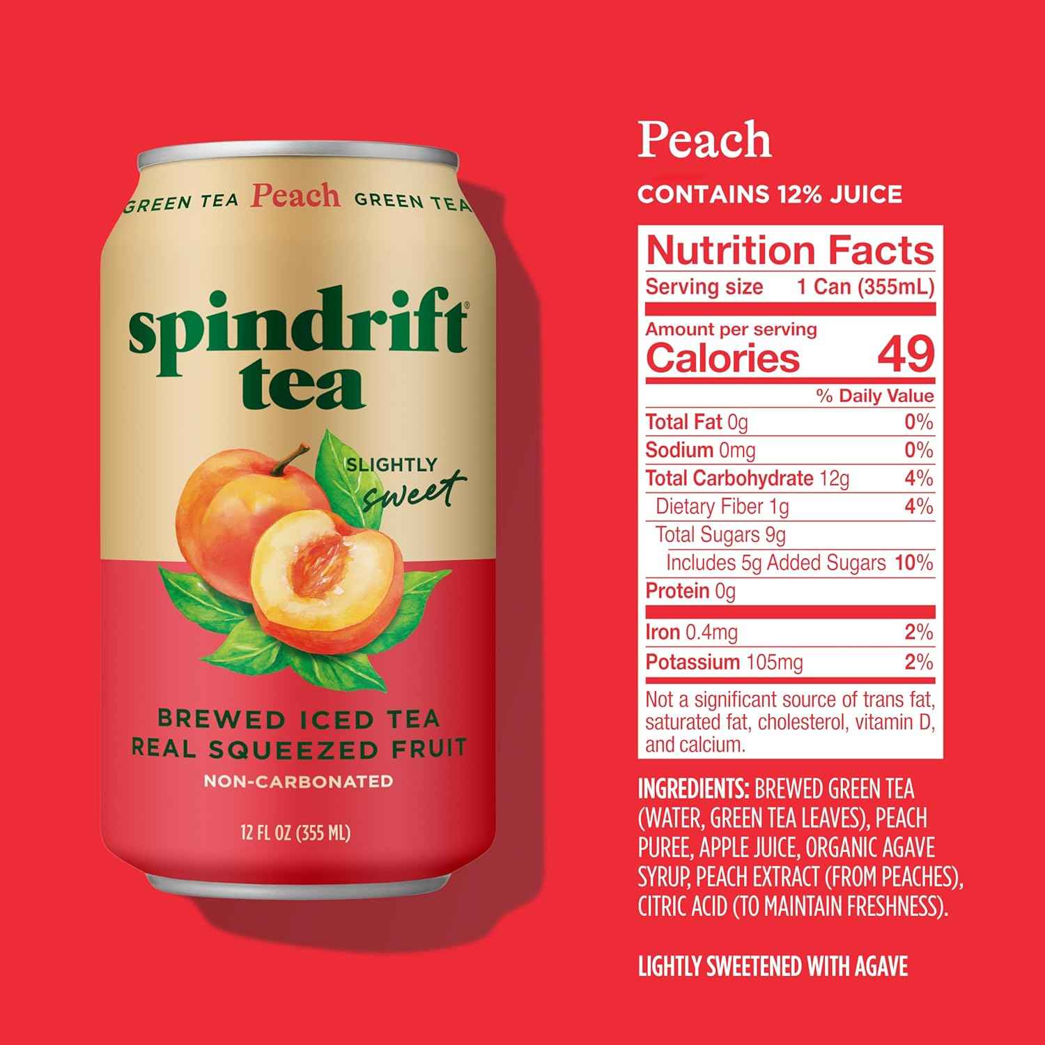 Spindrift Brewed Iced Tea, Made with Real Squeezed Fruit, No Carbonation, Slightly Sweet, 12 Fl Oz Cans
