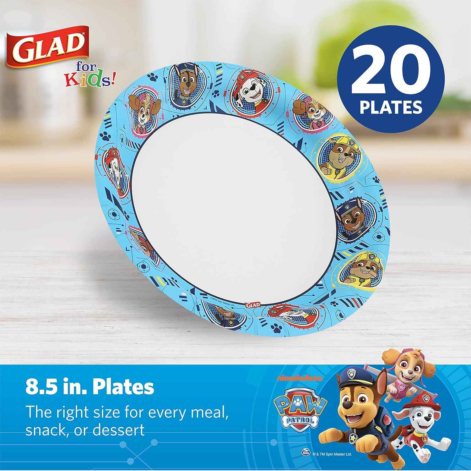 Glad for Kids Paw Patrol Disposable Paper Plates, Heavy Duty Soak Proof Microwavable Kids Plates for Parties, Birthdays, and Everyday Meals, Core Pups Blue