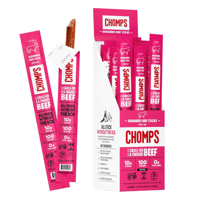 Chomps Grass-Fed and Finished Jerky Snack Sticks 24-Pack, Keto, Paleo, Whole30, 10g Protein, Gluten-Free