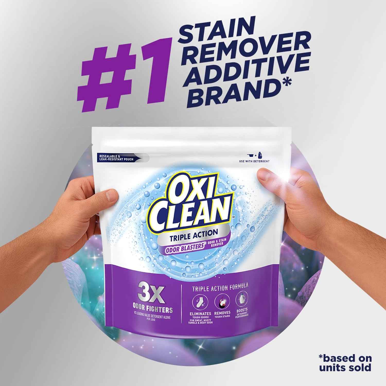 OxiClean Triple Action Odor and Stain Remover Powder, Use with Detergent, Eliminates Tough Odors and Removes Stains, Color Safe and Chlorine Free