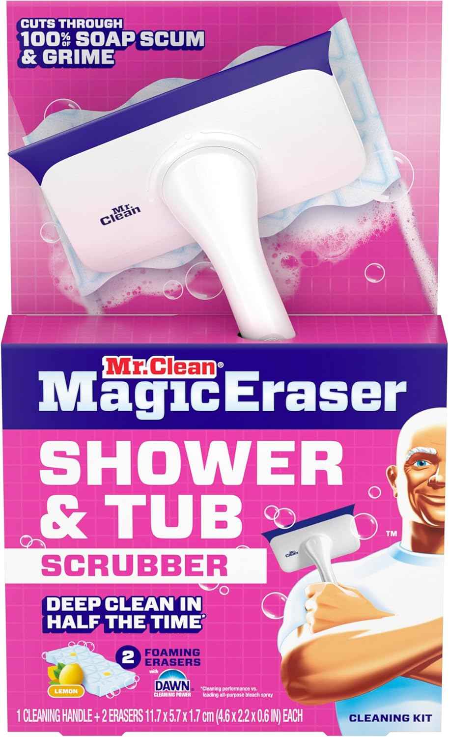 Mr. Clean Magic Eraser Shower & Tub Scrubber, Bathroom Cleaner, All in One Bathroom Cleaner, Lemon Starter Kit