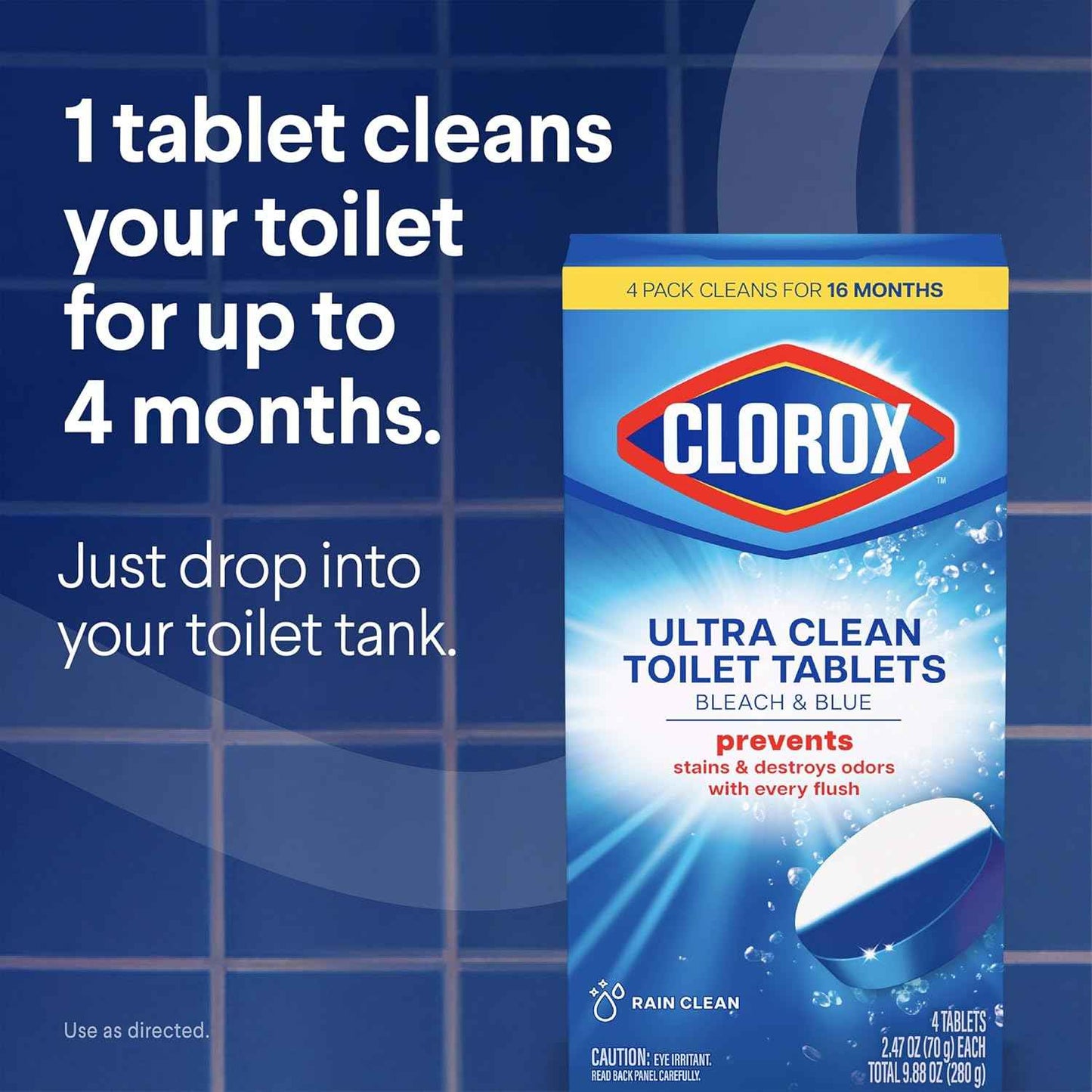 Clorox Ultra Clean Toilet Tablets Bleach & Blue, Rain Clean Scent, 2.47 Ounces Each