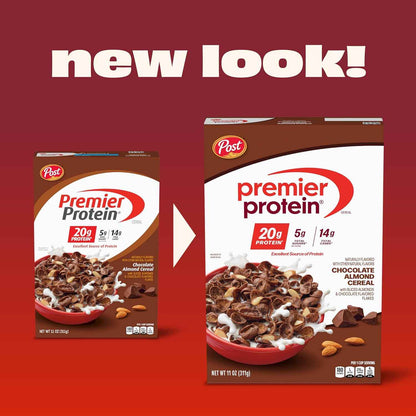 Post Premier Protein Cereal, Chocolatey Protein Cereal Flakes with Sliced Almonds, Contains 20g of Protein Per Serving, 30 OZ Box