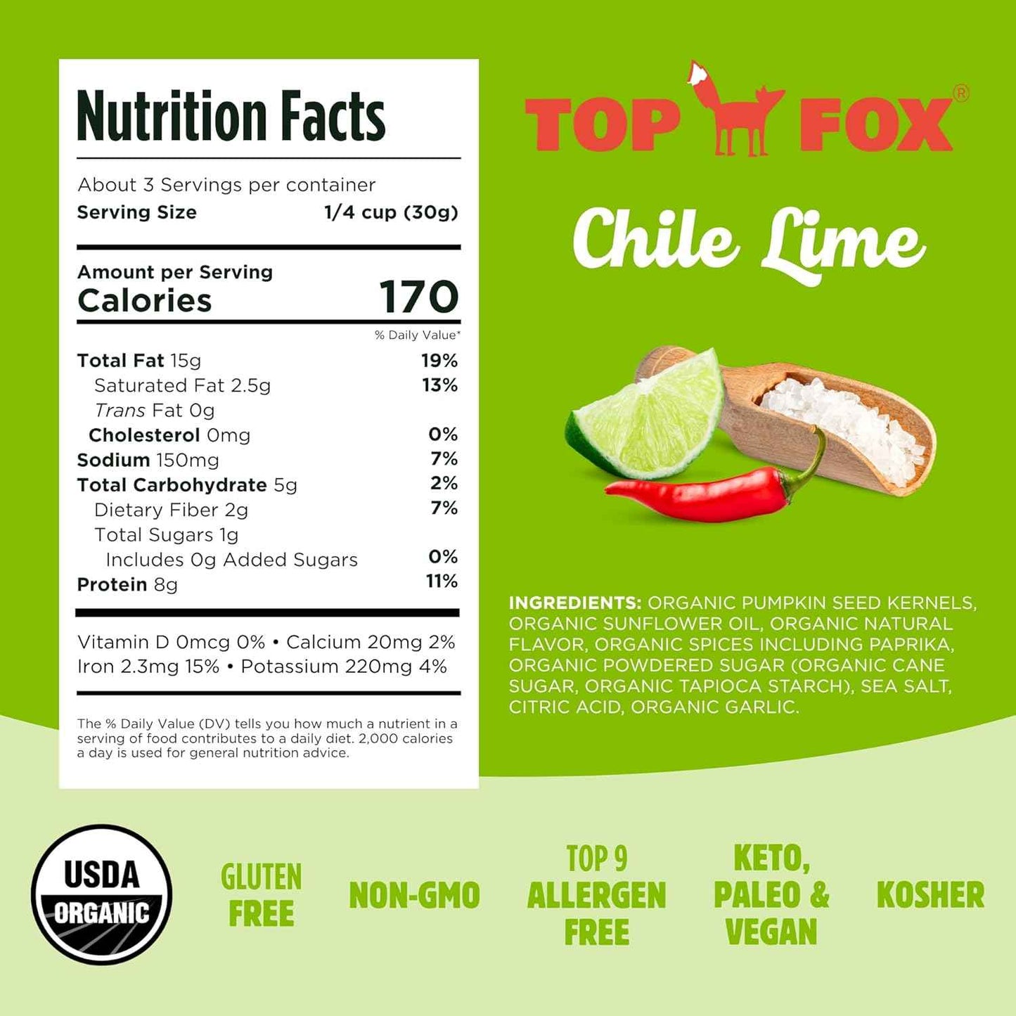 Top Fox Snacks Chile Lime Pumpkin Seeds 2 Pack - Allergen Free School Lunch Box Snack for Kids and Classroom Friendly