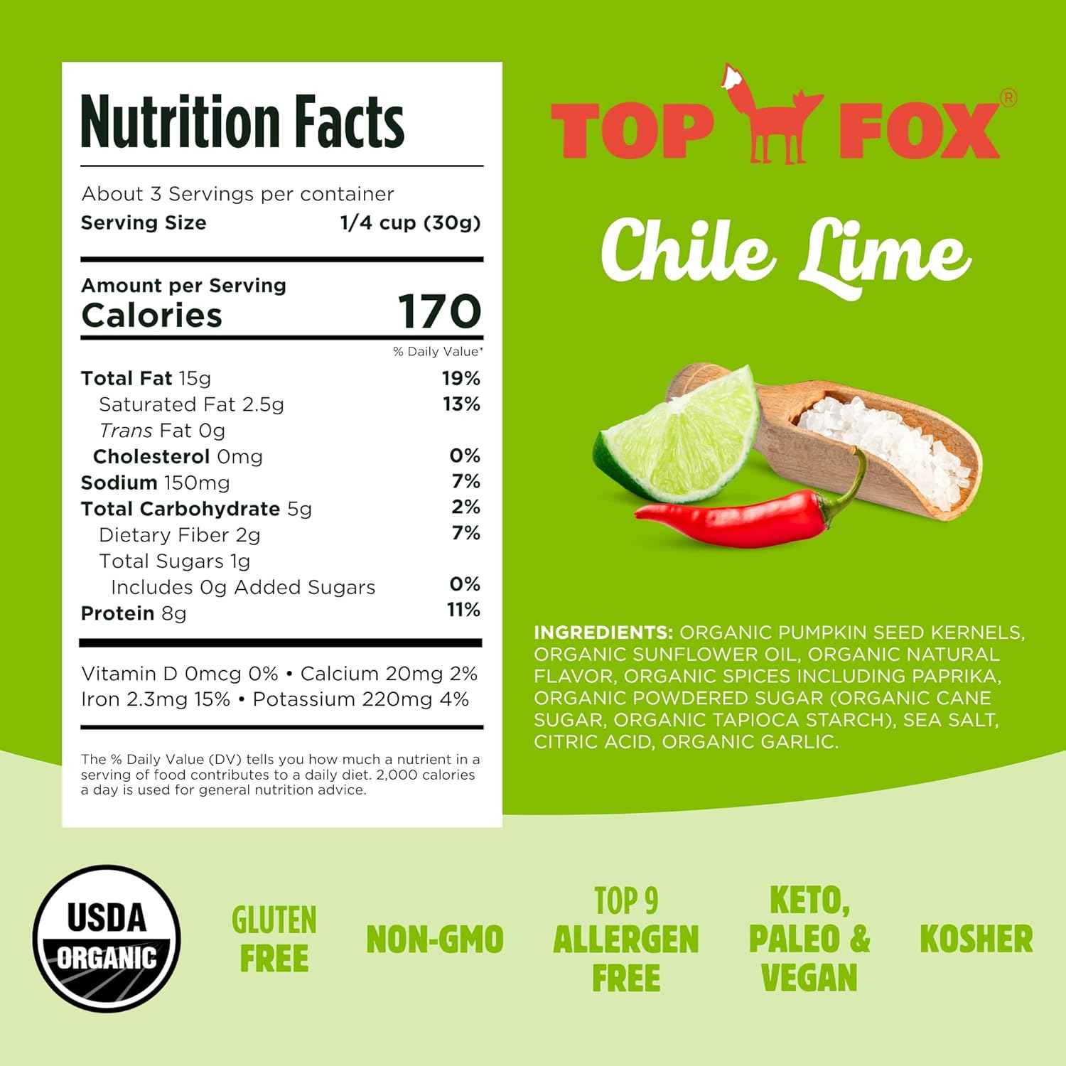 Top Fox Snacks Chile Lime Pumpkin Seeds 2 Pack - Allergen Free School Lunch Box Snack for Kids and Classroom Friendly