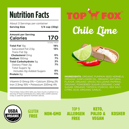 Top Fox Snacks Chile Lime Pumpkin Seeds 2 Pack - Allergen Free School Lunch Box Snack for Kids and Classroom Friendly