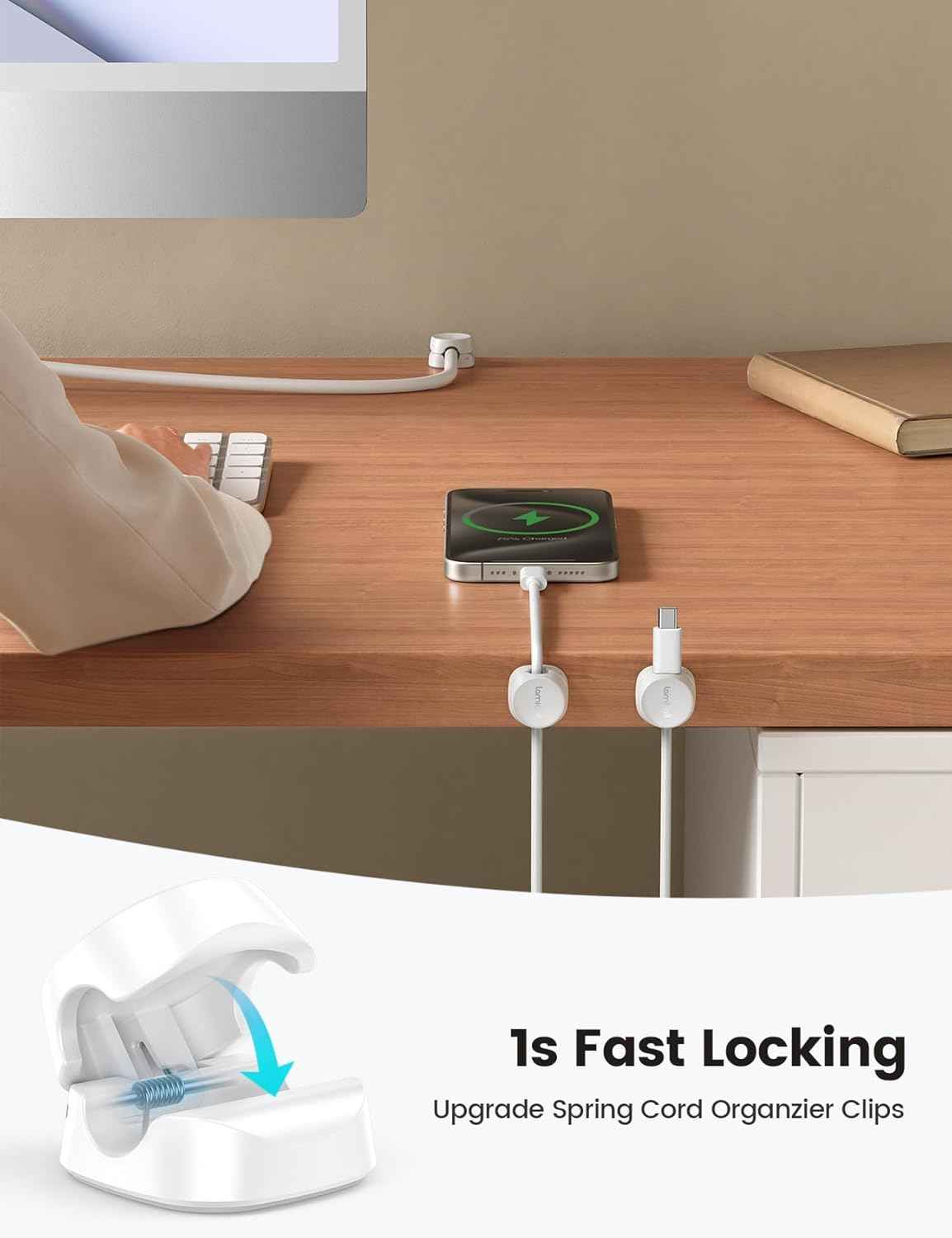 Lamicall 1s Lock Cord Organizer - Practical Housewarming Gift for Him and Her, Adhesive Spring Cable Clips, 8-Pack, White