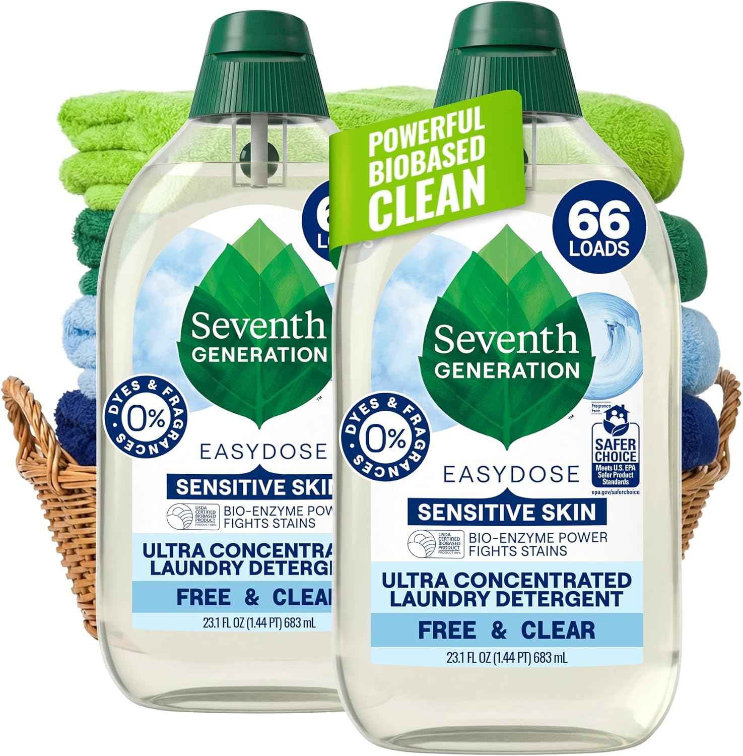 Seventh Generation Free & Clear Laundry Detergent – Nursery-Safe Wash for Baby Clothes, Cloth Diapers, and Toddler Garments, 2 Pack