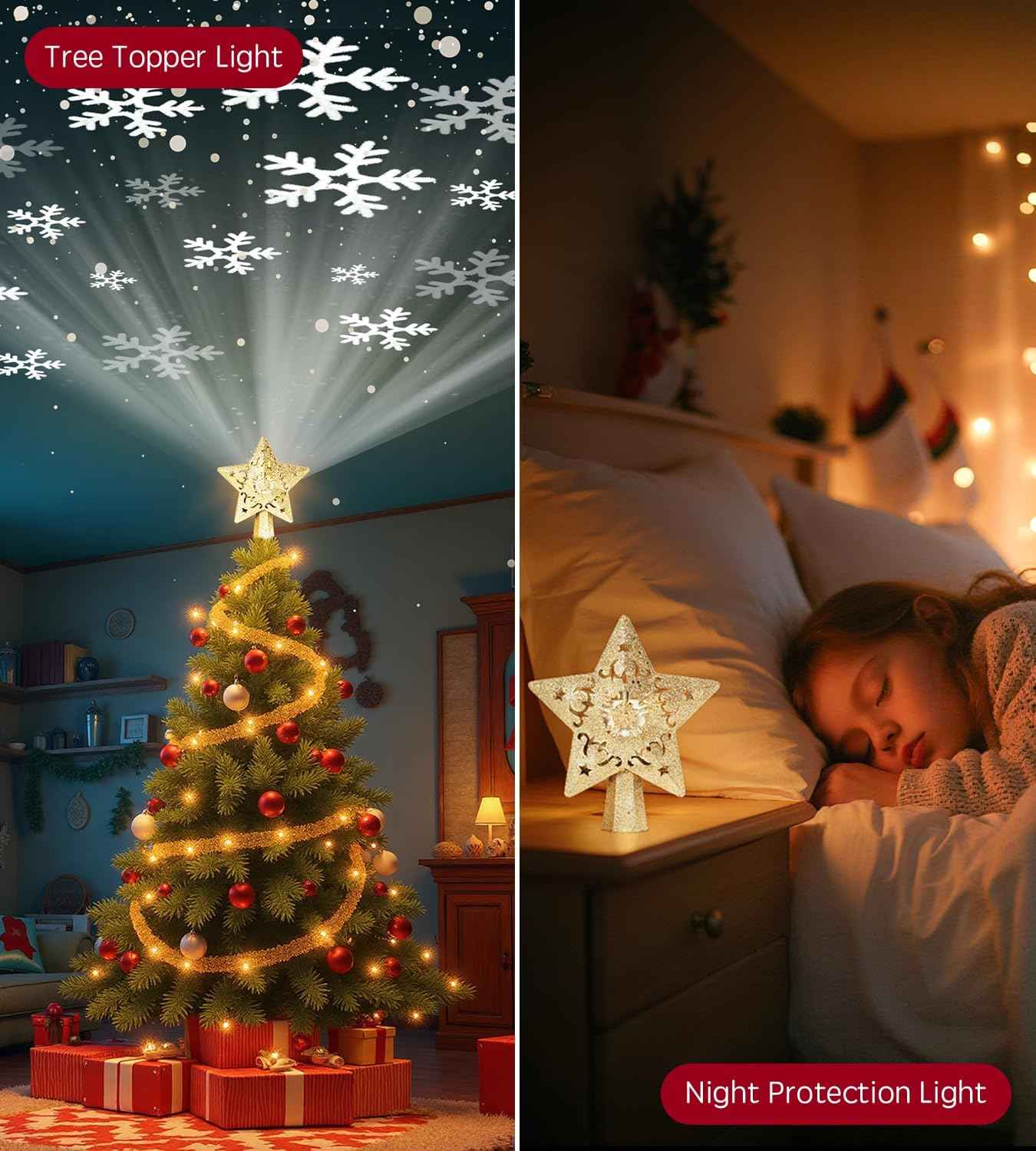 Holidayx Pentagram Tree Topper – Cozy Bedroom Accent Piece, Silver Star with Wall and Ceiling Snowflake Glow