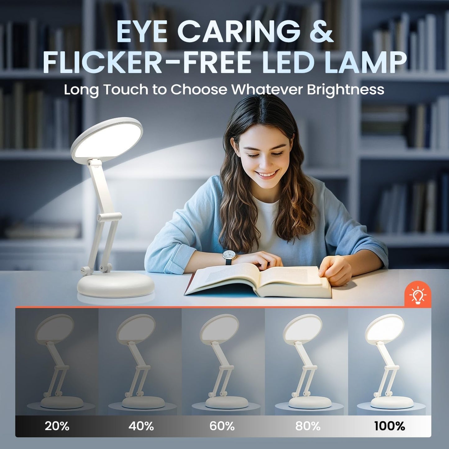 9 adjustable brightness levels via long-press touch control