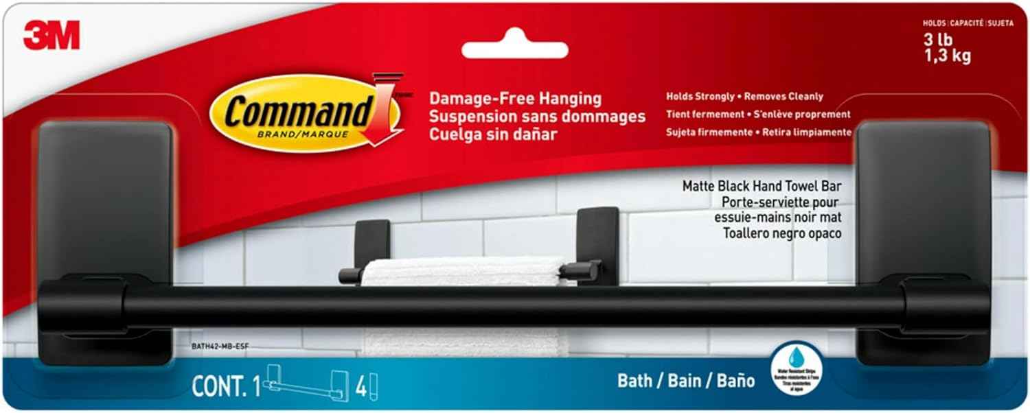 Command Hand Towel Bar Satin Nickel Minimalist Bathroom Storage with Water Resistant Strips, 9 in Bar Length Holds up to 3 lbs, Clean Lines