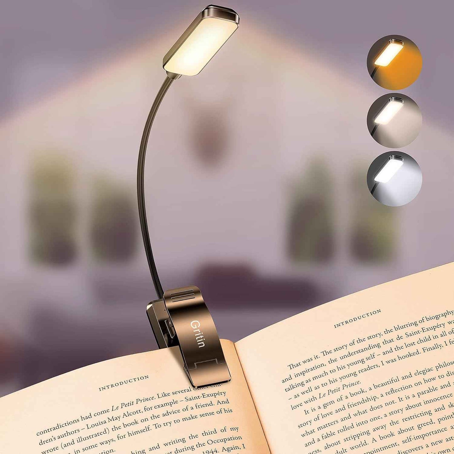 Gritin 9 LED Rechargeable Book Light for Reading in Bed - Focused Study Lamp for Dorm Room Desk, Stepless Dimming USB Clip on Light for Night Time Studying