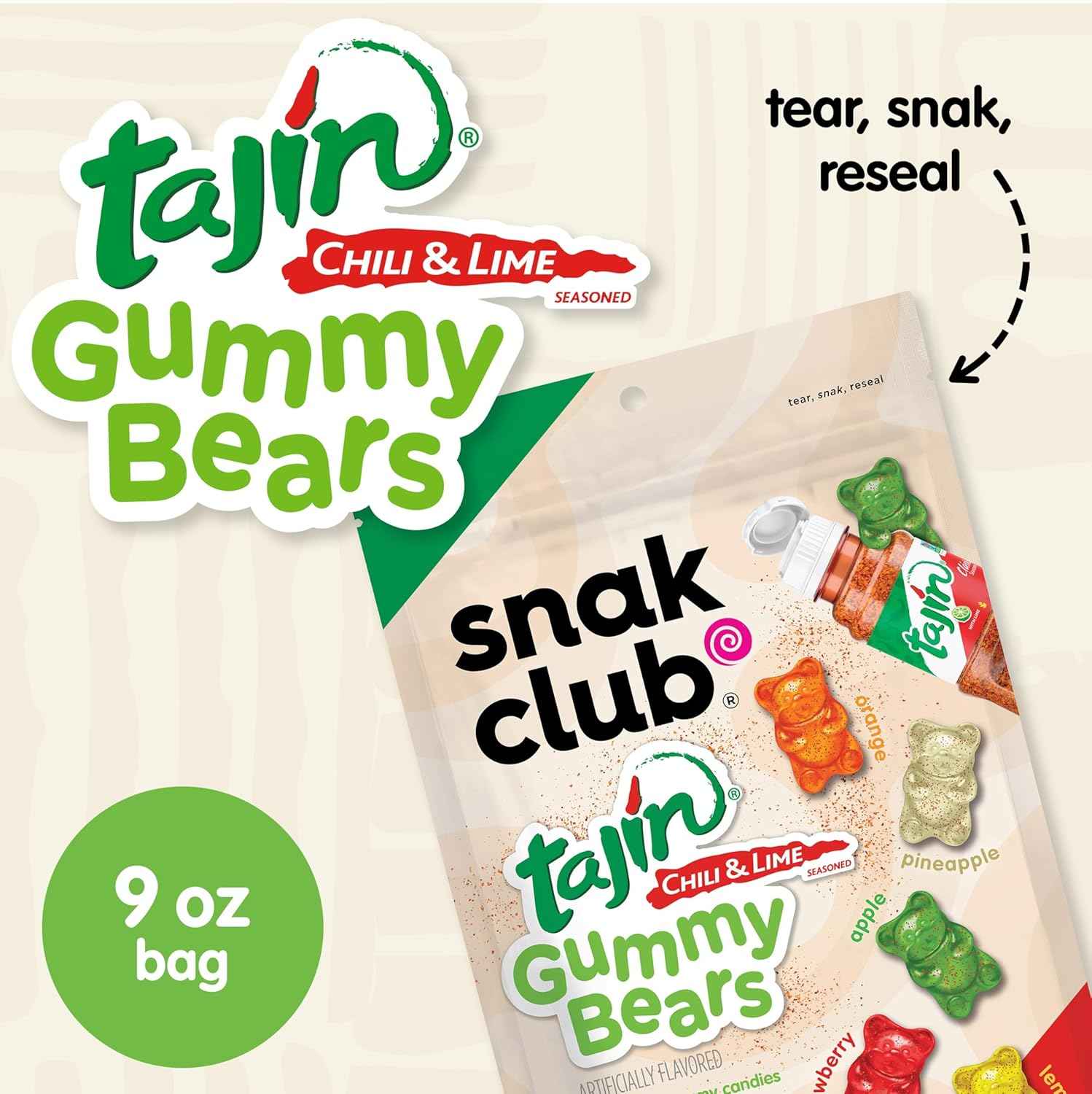 Snak Club Tajin Gummy Bears – Camping and Hiking Snack, Resealable Chili Lime Gummies