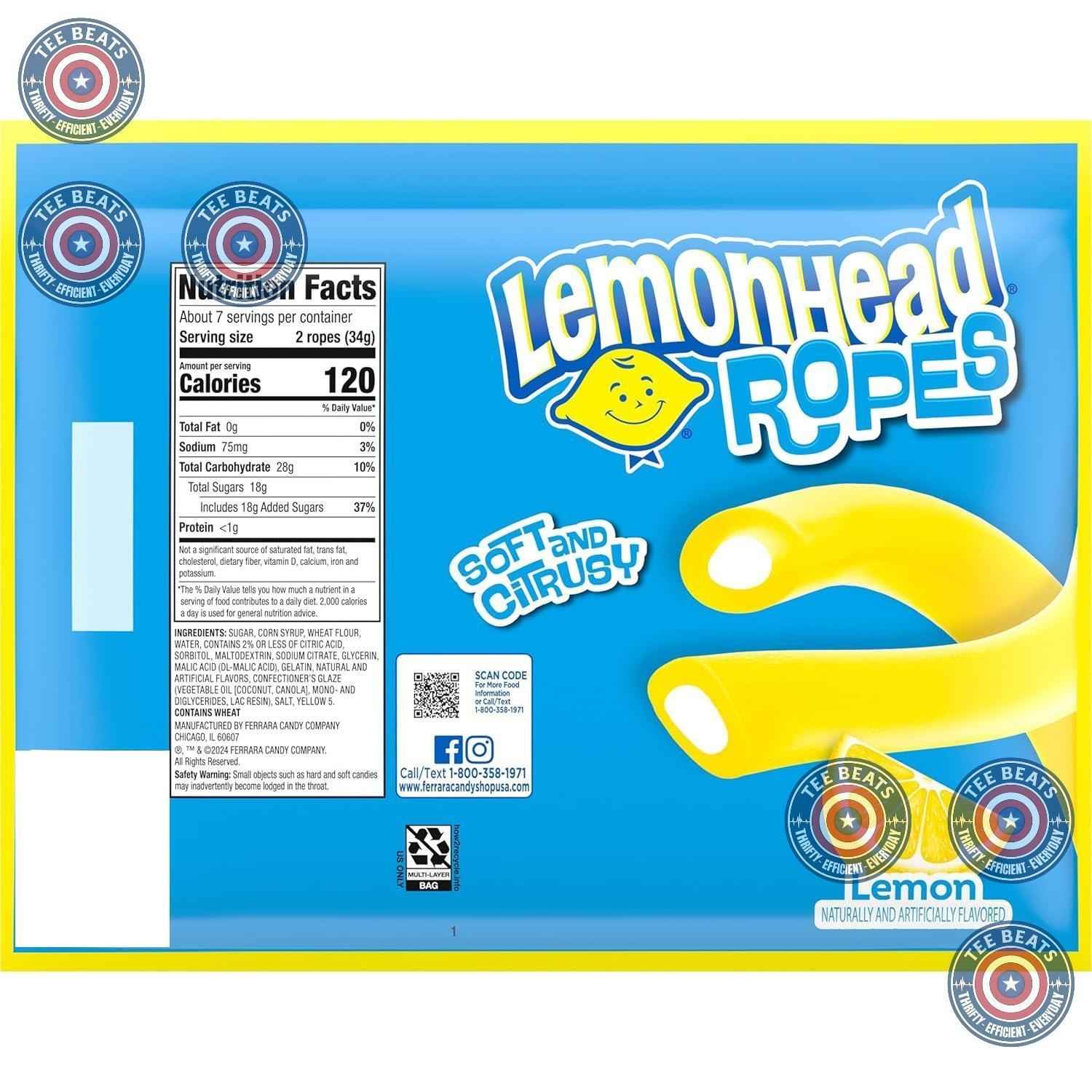 Lemonhead Ropes Lemon Chewy Candy – Lunchbox Snack for Kids, 9 oz Pantry Pack
