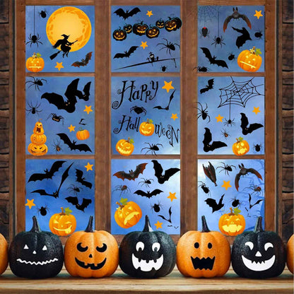 Pumpkin Spider Bats Shop Window Clings – Cozy Halloween Window Accent for Living Room and Bedroom, Double-Sided Design